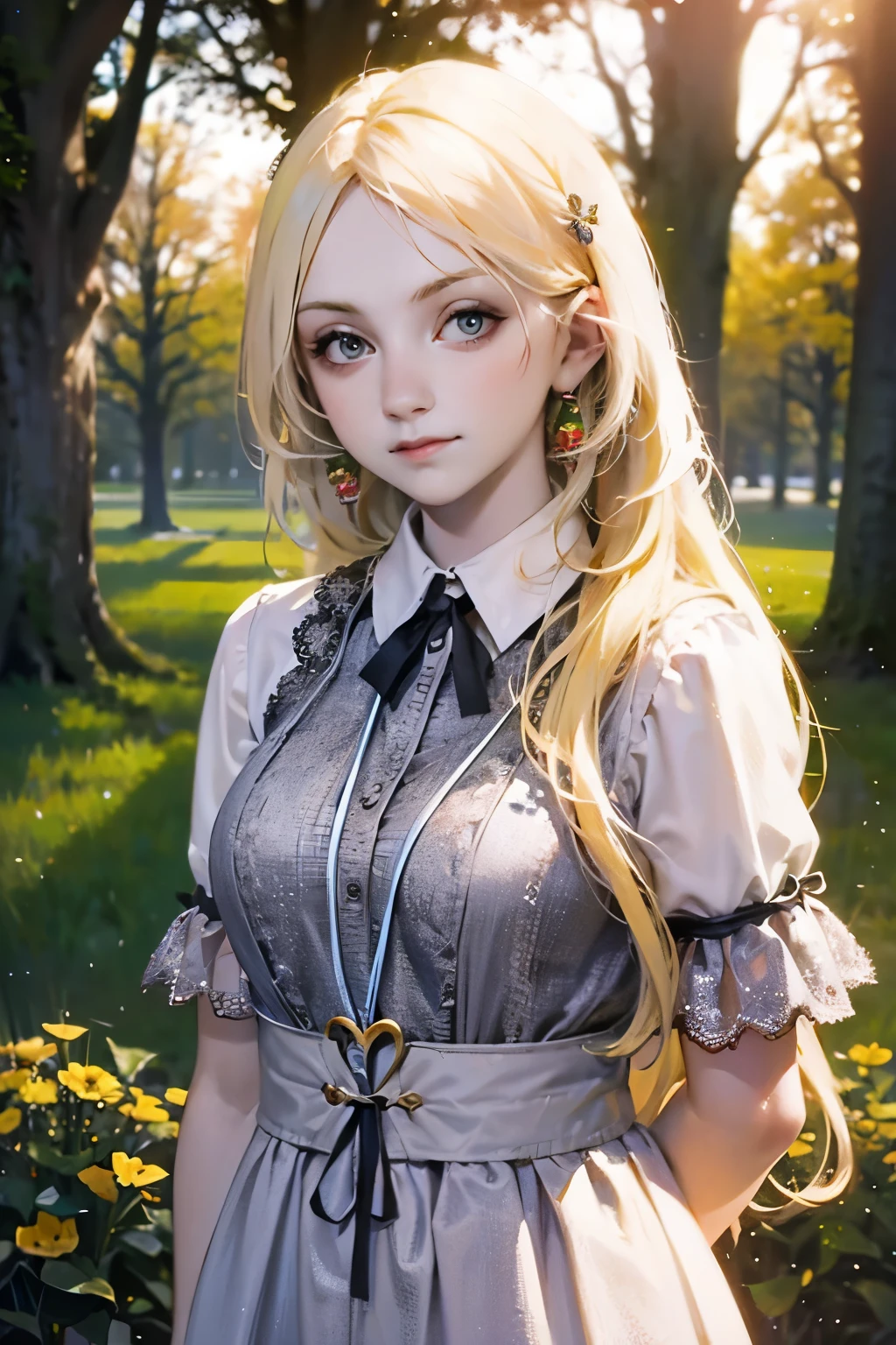 a beautiful girl with long blonde hair, big dreamy eyes, a kind gentle expression, wearing a long white dress, standing in a field of flowers, sunlight shining through the trees, cinematic lighting, fantasy, ethereal, whimsical, soft pastel colors, (best quality,4k,8k,highres,masterpiece:1.2),ultra-detailed,(realistic,photorealistic,photo-realistic:1.37)