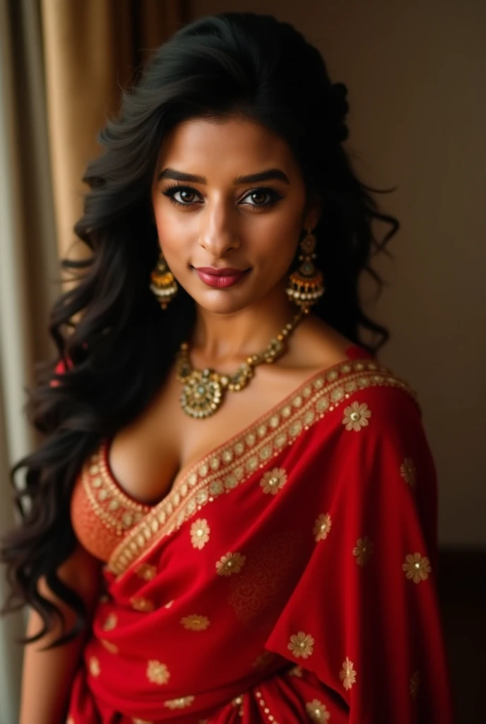 beautiful detailed eyes, beautiful detailed lips, extremely detailed eyes and face, long eyelashes, 1 beautiful Bangladeshi Muslim woman, traditional Bangladeshi Bengali dress, seductive expression, busty, big breasted, hyper realistic, 8k, high resolution, masterpiece, photorealistic, professional photography, dramatic lighting, vivid colors, warm color tone