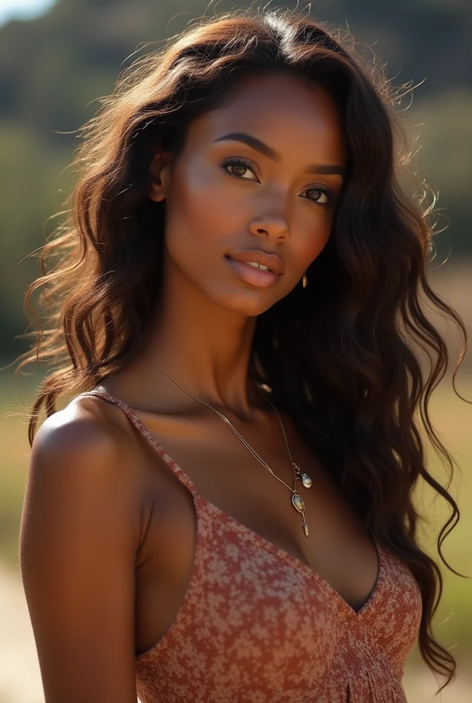 wife, corpulence moyenne, tetas grandes, very light blue eyes, highly realized, wavy hair, dark skin, bionde 