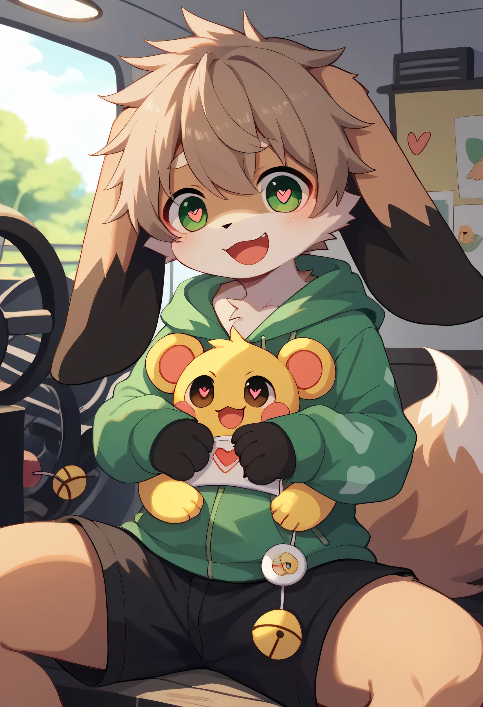 very detailedな, very detailed,Man with dark fur , brown fur gray hair , brown hair,,male,骨を見て excited,Heart Eye,participate, cute face, sitting !, Akai's first wheel,Black Ear , like fluffy fur, excited,Horny boy,美しいroom,room,Big Ears ,Long ears, smiley face,Dropped ears, play with toys ! want, black shorts ,green and white hoodie