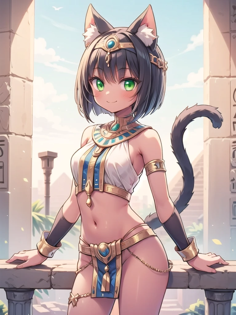 1girl, solo, masterpiece, best quality, good hands, smile, closed mouth, egyptian clothes, black hair, bob cut, green eyes, tiara, cat ears, cat girl, cat eyes, cat tail, animal tail, dark skin, jewelry, midriff, short hair, bare legs, pelvic curtain, crop top, bare shoulders, wrist cuffs, animal ear fluff, egyptianworld, tan, usekh collar, long pelvic curtain