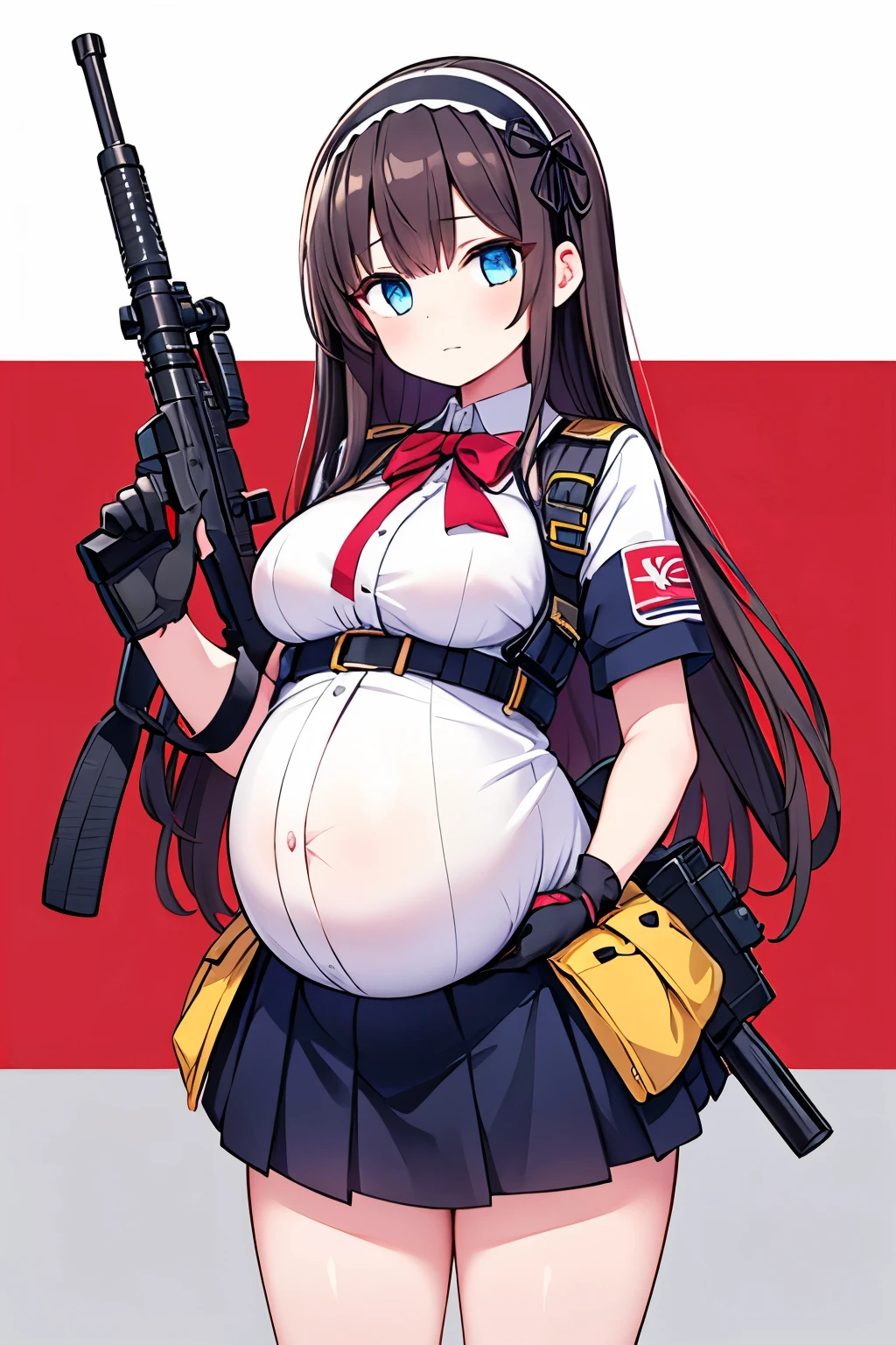 1girl, far view,Pregnant, black hair, wearing a dress with stockings, shark tail, jagged teeth, dark blue eyes, halo, holding a rifle