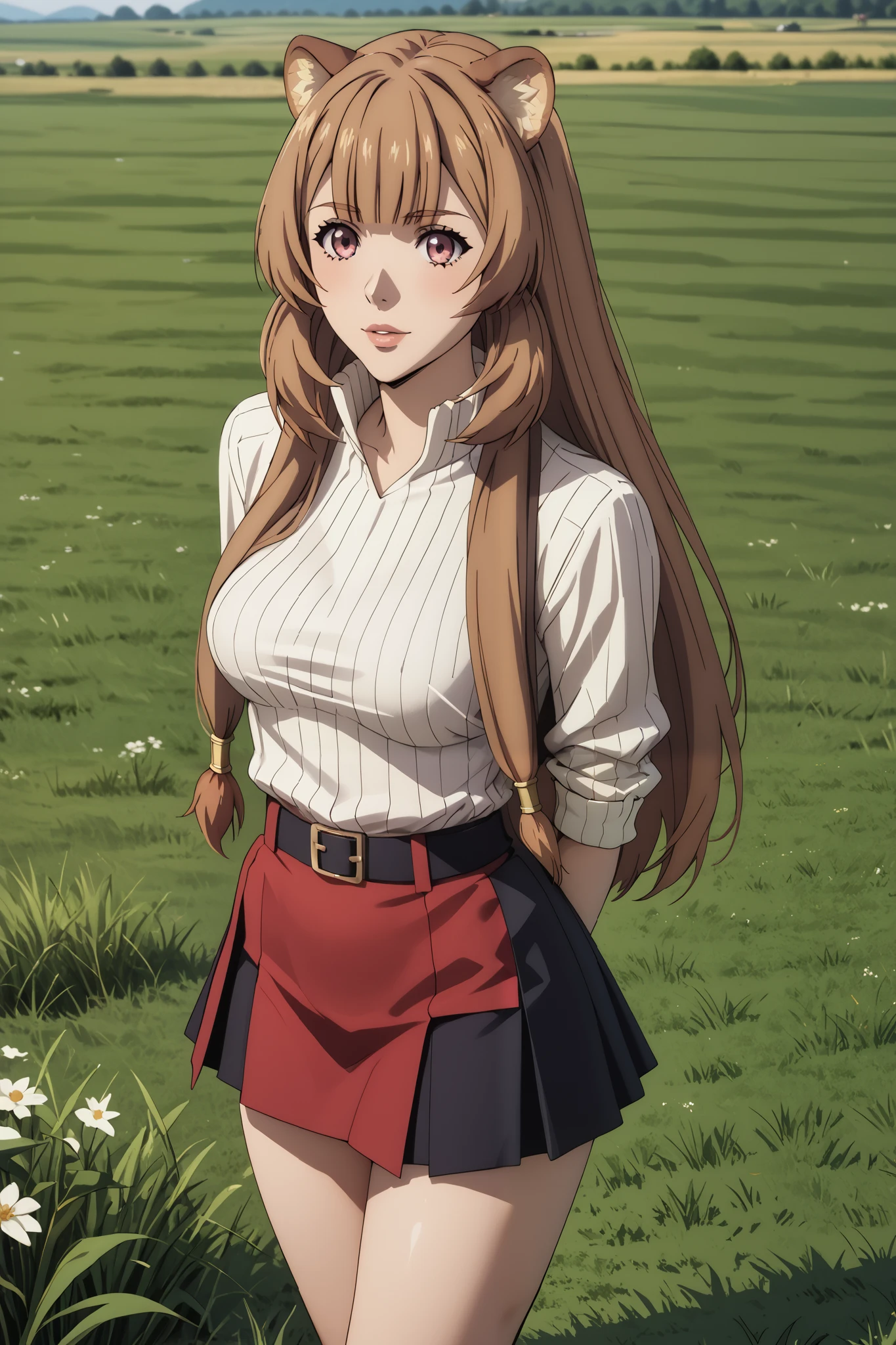 Masterpiece, extremely detailed,4k,solo, 1girl, raphtalia, long hair,full body ,perfect slim body ,long legs,arms behind back,perfect slim body, very large breasts, ((kawai face)),Klimaks ekspression,(thin lips),white tshirt, mini skirt, cowboy shoot,((grass)), Front look, looking at viewers
