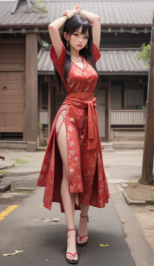 (nsfw), A gorgeous girl walking along a cobblestone street in an old European town. She has shoulder-length, wavy auburn hair that bounces with each step. Her emerald green eyes are bright and captivating, and she wears a confident, playful smile. Dressed in a chic, knee-length red dress that hugs her curves, she pairs it with black high heels and a stylish black leather jacket draped over her shoulders, perfect long legs, open clothes, big breasts, sexy body, perfect skin

The sunlight casts a warm, golden hue over the scene, highlighting the textures of the cobblestones and the old, charming buildings. Shadows play across her face and outfit, adding depth and contrast. Flower boxes overflowing with colorful blooms hang from the windows of nearby buildings, and a vintage lamppost stands beside her, completing the picturesque setting. She strides with grace and confidence, exuding an air of effortless elegance and allure.