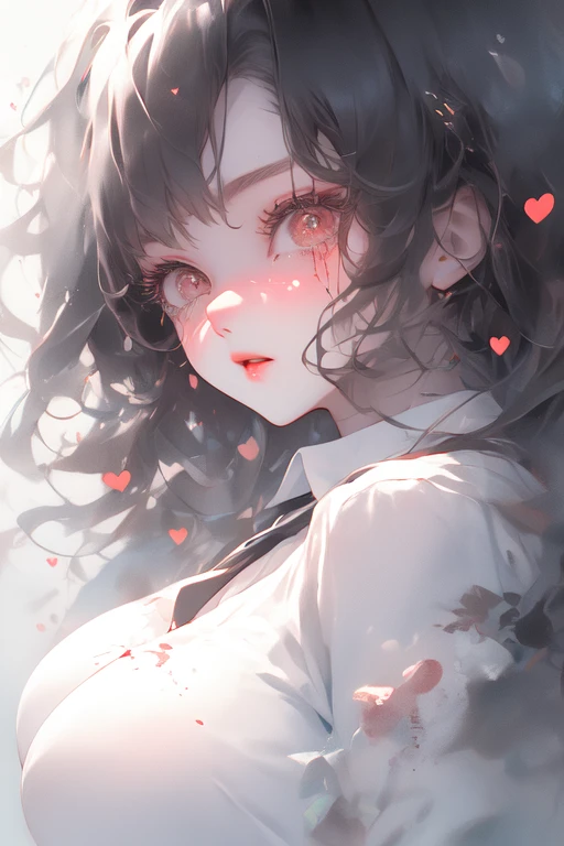  heart-shaped eyes ，( software), (Masterpiece:1.2),  best quality , Masterpiece,  High Resolution ,  original ,  very detailed wallpaper , ( ultra detail ), ( best illustration), ( best shadow), (Kobeni), Big Breasted ,  Plump Boobs , ( White Collared Shirt ), (Blood Stains :1.1), (fear:1.2), ( black tie), (Shirt stain), ( dirty),  from the side 1 girl ,  stare at viewers, ([Frightened:1.2), (tears:1.1), ( brown eyes), ( peace sign),tongue out, tongue,  heart-shaped eyes 