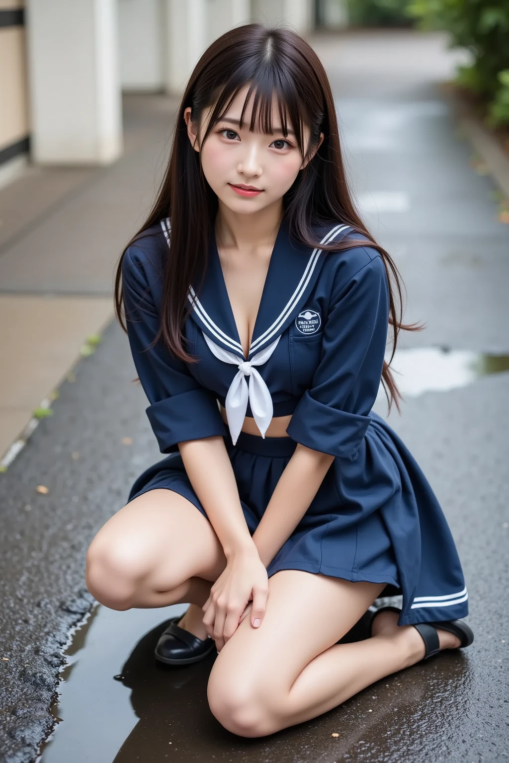  wearing a navy blue skirt and a traditional long-sleeved sailor suit with white accents、Fair-skinned Japanese  ******  professional photo of a girl .  she is sitting on a wet pavement ,  with her legs slightly open ,  Wearing .  composition emphasizes the slight reflection of her white pants in a small puddle .  The image emphasizes her idol-like beauty and 、Clearly ,  smooth skin and delicate facial features .  Soft, Natural Lighting ,  gentle shadows that enhance the texture of the uniform and the reflective surface of the puddle The .  the background is blurred to draw attention to the subject ,  composition creates a quiet yet playful atmosphere, and the .  Photographed with a 50mm lens f  /2. 8 ,  photorealistic aesthetics .