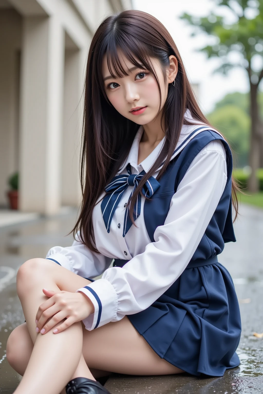  wearing a navy blue skirt and a traditional long-sleeved sailor suit with white accents、Fair-skinned Japanese  ******  professional photo of a girl .  she is sitting on a wet pavement ,  with her legs slightly open ,  Wearing .  composition emphasizes the slight reflection of her white pants in a small puddle .  The image emphasizes her idol-like beauty and 、Clearly ,  smooth skin and delicate facial features .  Soft, Natural Lighting ,  gentle shadows that enhance the texture of the uniform and the reflective surface of the puddle The .  the background is blurred to draw attention to the subject ,  composition creates a quiet yet playful atmosphere, and the .  Photographed with a 50mm lens f  /2. 8 ,  photorealistic aesthetics .