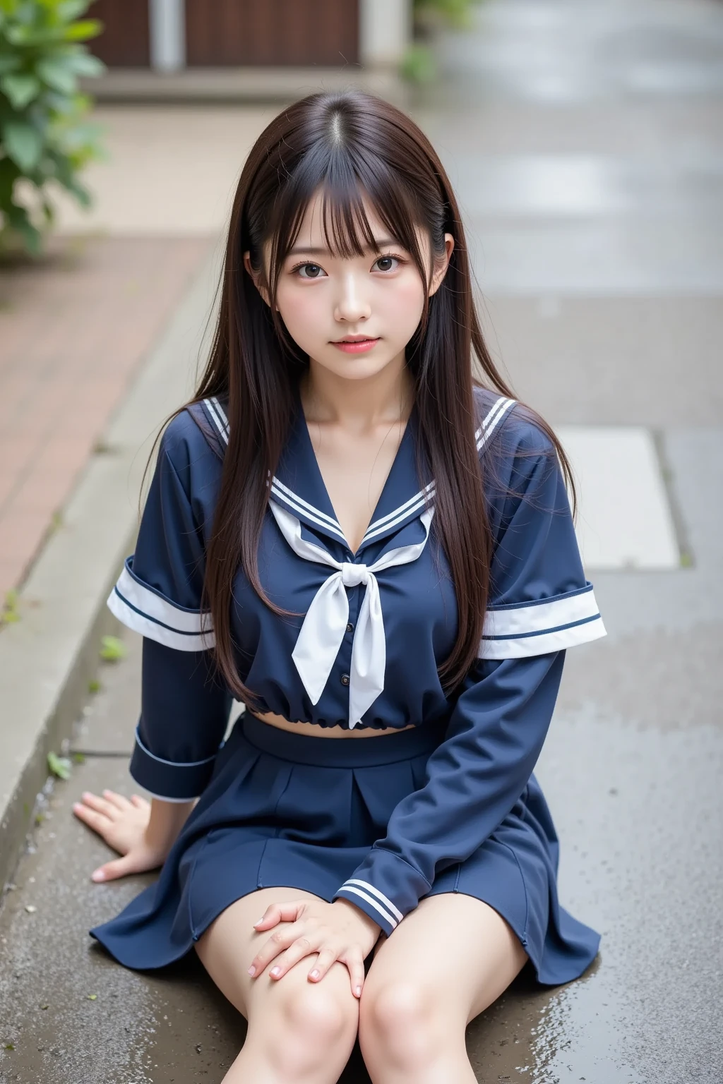  wearing a navy blue skirt and a traditional long-sleeved sailor suit with white accents、Fair-skinned Japanese  ******  professional photo of a girl .  she is sitting on a wet pavement ,  with her legs slightly open ,  Wearing .  composition emphasizes the slight reflection of her white pants in a small puddle .  The image emphasizes her idol-like beauty and 、Clearly ,  smooth skin and delicate facial features .  Soft, Natural Lighting ,  gentle shadows that enhance the texture of the uniform and the reflective surface of the puddle The .  the background is blurred to draw attention to the subject ,  composition creates a quiet yet playful atmosphere, and the .  Photographed with a 50mm lens f  /2. 8 ,  photorealistic aesthetics .