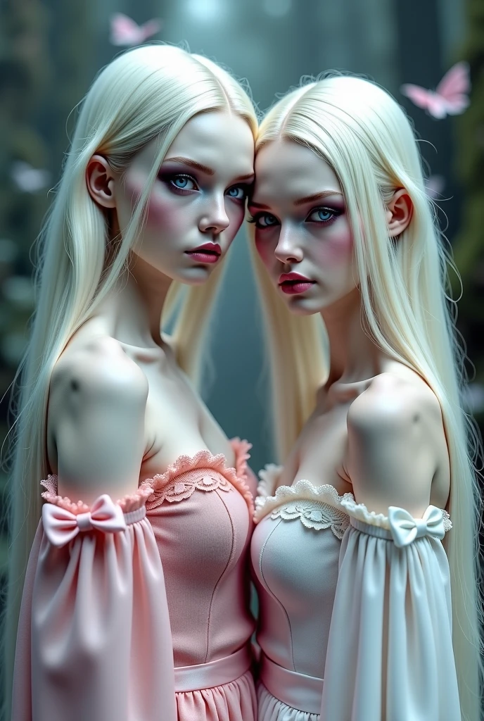 make a young girl with very pale white skin, long white hair and purple eyes, she is short and naked, she is very beautiful and sexy
next to her is a man with pale skin, white hair and purple eyes, he is very tall, handsome and sexy
they are in bed in a medieval room having sex