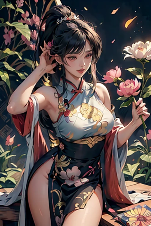 Ancient Chinese beauty sitting on stone, wearing ancient Chinese clothing, flowing tulle, light silk, lazy pose, sexy, big breasts, low cut, big breasts, bamboo forest, pavilion, ink painting style, clean color, decisive cut, white space, freehand, masterpiece, super detailed, epic composition, high quality, highest quality, 4k --v 6