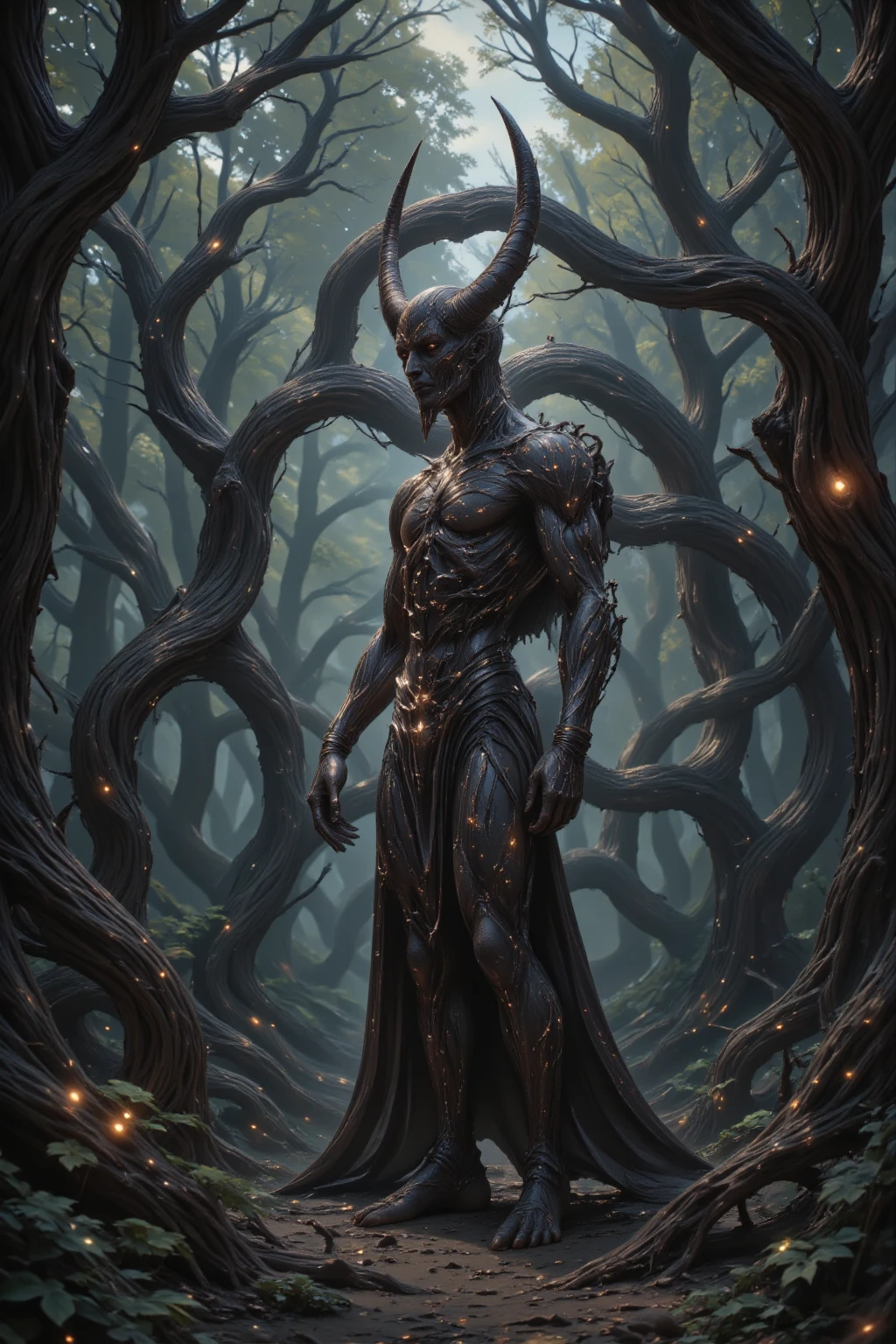 There are many twisted trees growing around, Very dark forest, There's a miasma in the forest, In the middle of the forest stands a statue of a demon with a look of anguish on its face, Devil statue, Gargoyle, Scary colors, horror, Fear