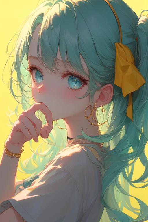  ski style, miku  on my bedsune, Masterpiece,  best quality ,  from the side 1 girl , ,   aqua eyes,  cap,  Closed Her Mouth ,  earrings,  on my bed, hoop  earrings,   jewelry,  stare at viewers,  shirt,  simple background, Alone,  upper body, yellow  shirt