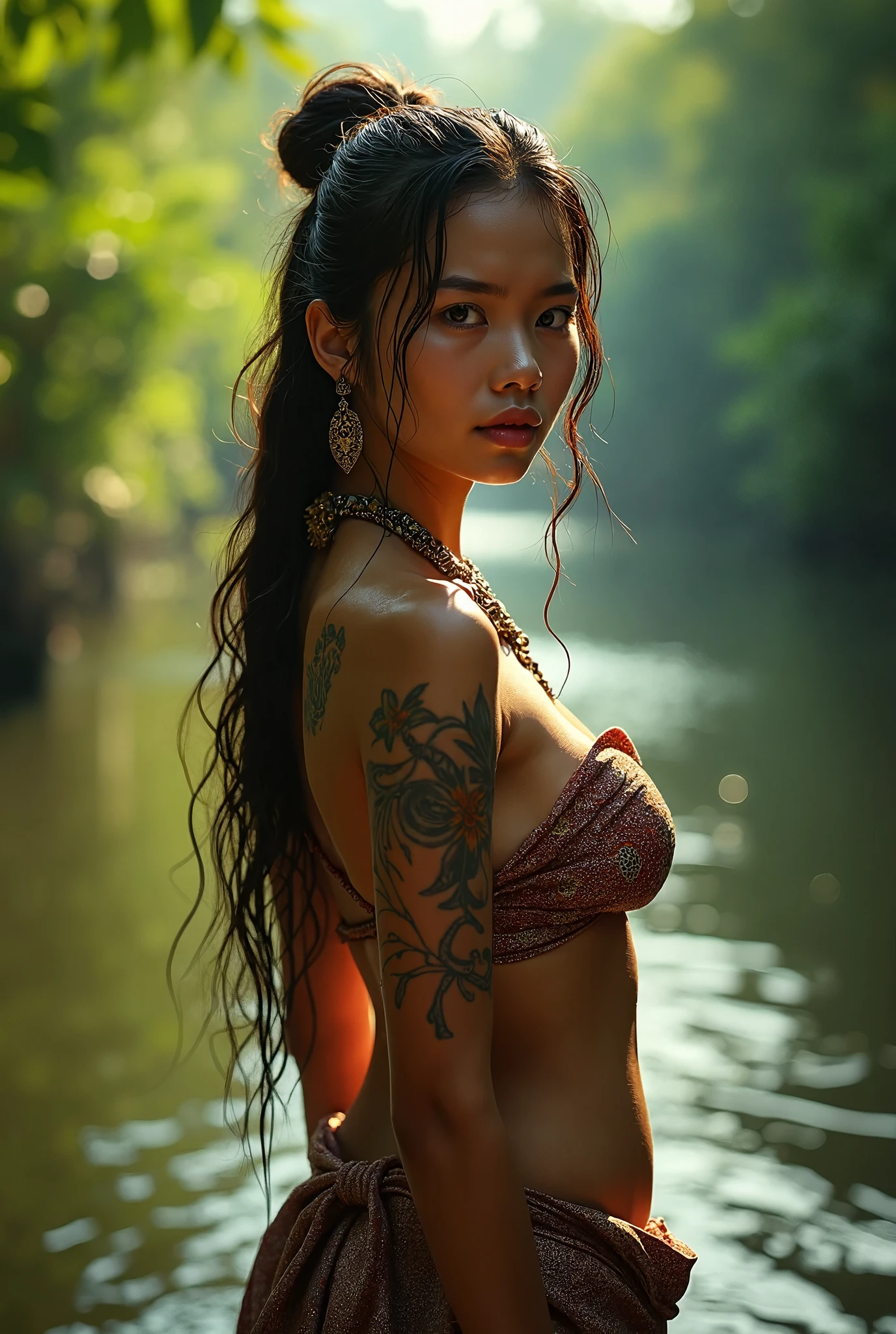 RAW, Best quality, high resolution, masterpiece, a beautiful girl, detailed body tattoos, topless, naked, beautiful detailed eyes, , cute girl, big breasts, earrings, necklace, Javanese ornaments, perfect wet body, open breast, black chignon hair, open stand, realistic, Soft smile, thick thighs, woman standing in the river forest, she is about 20 years old, pale white skin, photorealistic, full body shot, 8k, masterpiece, highly detailed, digital painting, vibrant colors, dramatic lighting