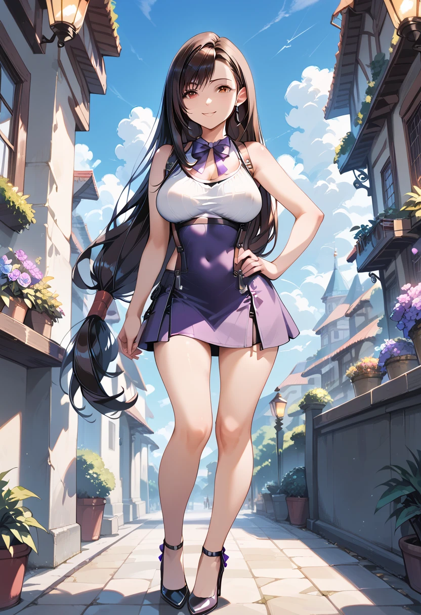 ((masterpiece, best quality, ultra detailed, high resolution, detailed facial description)), (1 woman, solo), (Tifa Lockhart), (halter dress:1.2, lace-trimmed, backless, purple costume:1.3, ribbon on neck, short skirt), (purple high heels), (black long hair:1.3), (beautiful and cute face:1.2, brown eyes), standing, hand on own hip, looking at viewer, (light smile, blush), (final fantasy's world view), (woman focus:1.2, from front)