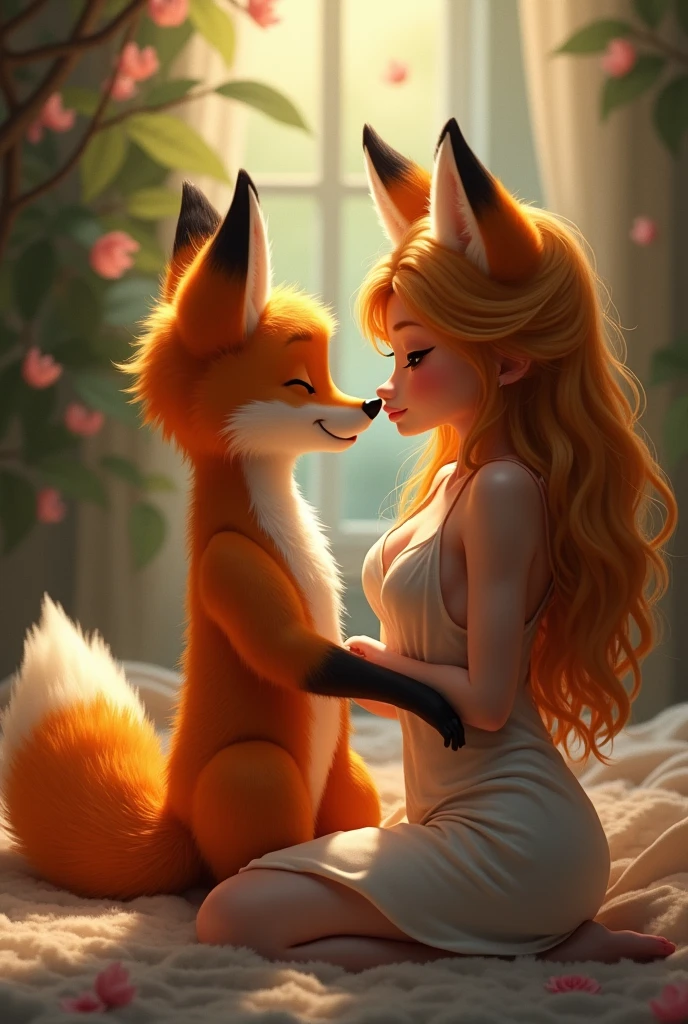 Uma raposa furry semi nua com um corpo, with a company with a furry bunny in a bikini with a sensual body.