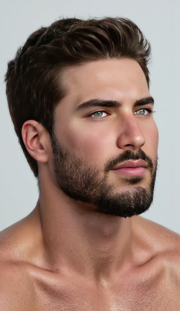 very realistic portrait of a handsome man, ((( identically face shaped original ))), with a 33-year-old man, very masculine face with well-defined and similar characteristics, real details. Short shining hair, . A full and well-trimmed beard, evenly covering the jaw and chin, with wide and straight edges near the cheekbones that enhance the structured facial contours. The face is full and virile and right  and natural shadows that give amplitude to the face. A straight and proportional Greek and Roman style nose with a well-balanced width. Thick, eyebrows realistically perfect alpha male masculine, (white-skin:1.5).  (Real much Chest-hair:1.5), the face conveys a lot of desire and the sensual and seductive expression and was richly produced. Light perfect eyes in green and expressive with light tightening suggesting a smile in the eyes with wrinkles and lines of happy expression in the external corners combining with the smile style of pulled mouth.Cute male eyes. The lower eyelids are subtly elongated with trimming and descending curvilinear shape. Well-defined realistic lips with masculine thickness, the upper lip forms a cupid arch in heart with 2 defined tips and the lower lip hydrated with shine. Correct eyes so anatomically  long sides of the face. Textured white skin highlighting skin pores in a realistic and uniform way, with a natural sun glow on damp skin, emphasizing fine details such as pores of skin texture lines. (Skin texture pores are visible:1.5),  (chest-hair:1.5) , showing an athletic but not defined but very  physique and with very realistic hair with big muscles and perfect texture, wearing  swimming shorts and made of fine cotton in a sweatshirt. The handsome man is casually standing in a shower on the beach, with anatomically perfect and anatomically correct feet and calves, Best qBest quality, High details, best Quality, Super details , (very realistic photo photo:1.3), NIKON, natural light, 8k, definition is very high, XF IQ4, Anatomically 