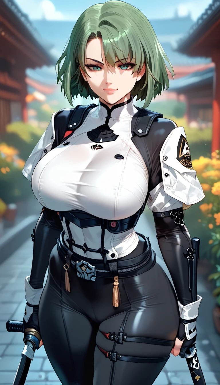 ultra-detailed, 1girl, solo, ((masterpiece)), (best quality), (highres), 16K, green eyes, green hair, short hair, assassin, wearing headgear, black bodysuit, tactical belt, busty body, large breasts, showcasing cleavage, legs, hips, katana, (holding a katana sword), looking at viewer, smile, detailed face, detailed hair, detailed whole body, rooftop background