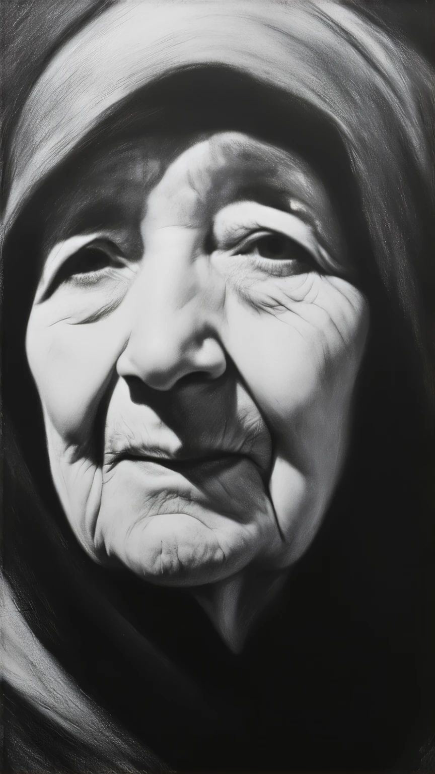 Detailed charcoal drawing in the style of Viktor Miller-Gausa, cubism eith ultra hyperealistic by Rafael Vitor and Tarsila do Amaral, Ross Tran, Brian Froud, Tom Bagshaw of a Kind Elderly Woman, with soft, intricate shadows in her wrinkled face, (( extremely  emotionally and  sensitive to expressive face:1-5), Capturing the weathered beauty of a long and fulfilling life Best Quality, Detail, High Details, Anatomically Correct, Masterpiece, High Resolution, Accurate, Award Winning, HD, High Quality, Retina, Super Detailed, Textured Skin, UHD, 