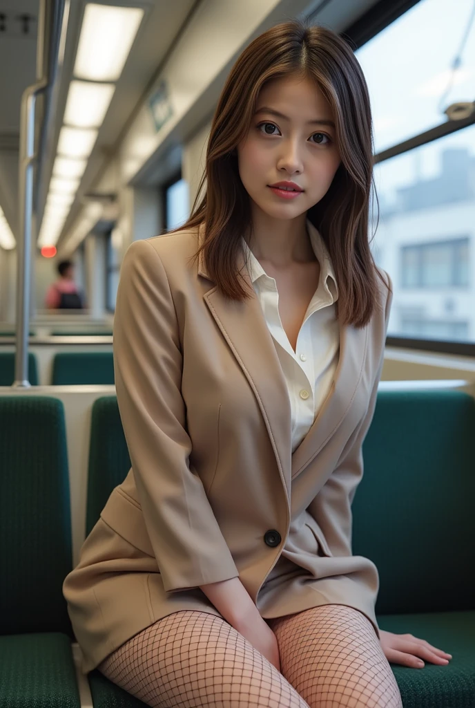 (   realistic:1.3、   Ultra-Fine、8k)、(Lean forward and look upwards :1.8)、(  extremely  realistic skin texture  :1.4)、  A beautiful Japanese office lady with big breasts sitting on a subway chair 、 wearing a short, revealing uniform,   man putting his hands inside clothes on his chest 、 spreading his legs to show his crotch 、In the subway、 sitting on a subway chair 、Hold the pole、Functional、Expression of getting pleasure , ( fishnet tights :1.8)、 vibrating his crotch ，beautiful thighs、 can be held down by multiple hands