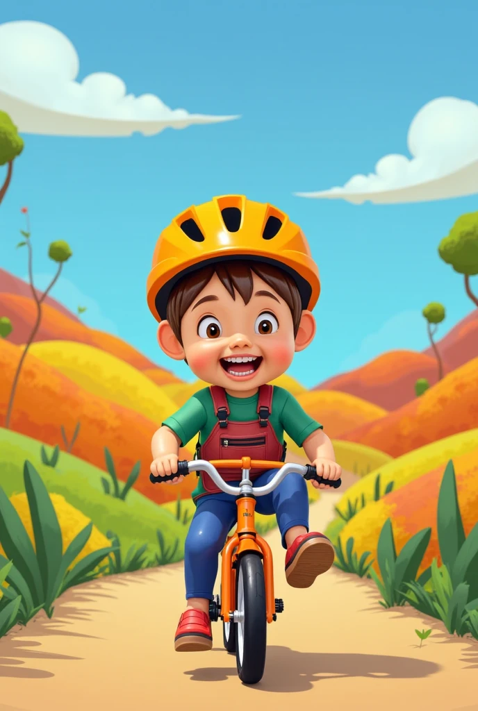 Cartoon illustration of A boy playing with a orange bike. 