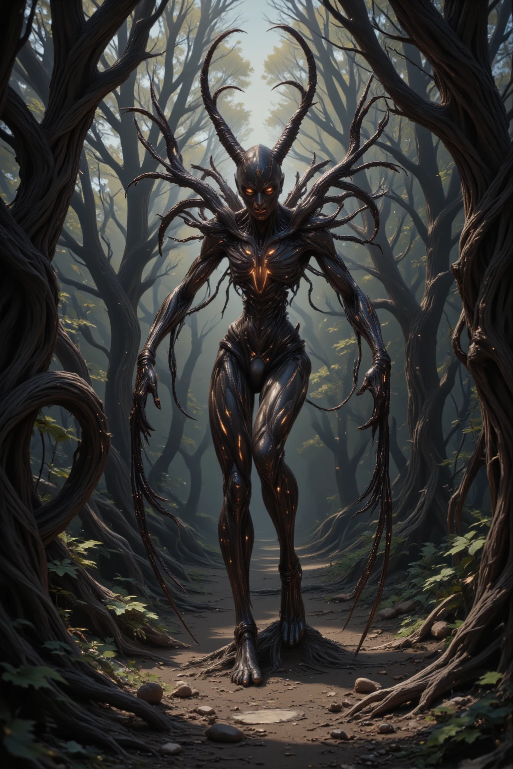 masterpiece:1.3, highres:1.3, Artistic works by H.R. Giger:1.3, There are many twisted trees growing around, Very dark forest, There's a miasma in the forest, In the middle of the forest stands a statue of a demon with a look of anguish on its face, Devil statue, Gargoyle, Scary colors, horror, Fear