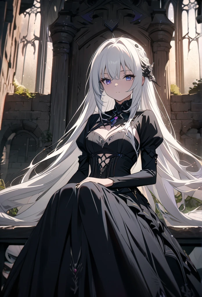 anime girl sitting on a bench in front of a castle, an anime drawing by Yang J, pixiv, gothic art, seductive anime girl, perfect white haired girl, gothic maiden anime girl, beautiful alluring anime woman, white haired deity, girl with white hair, white haired, beautiful anime girl, white-haired, white haired lady, beautiful anime woman