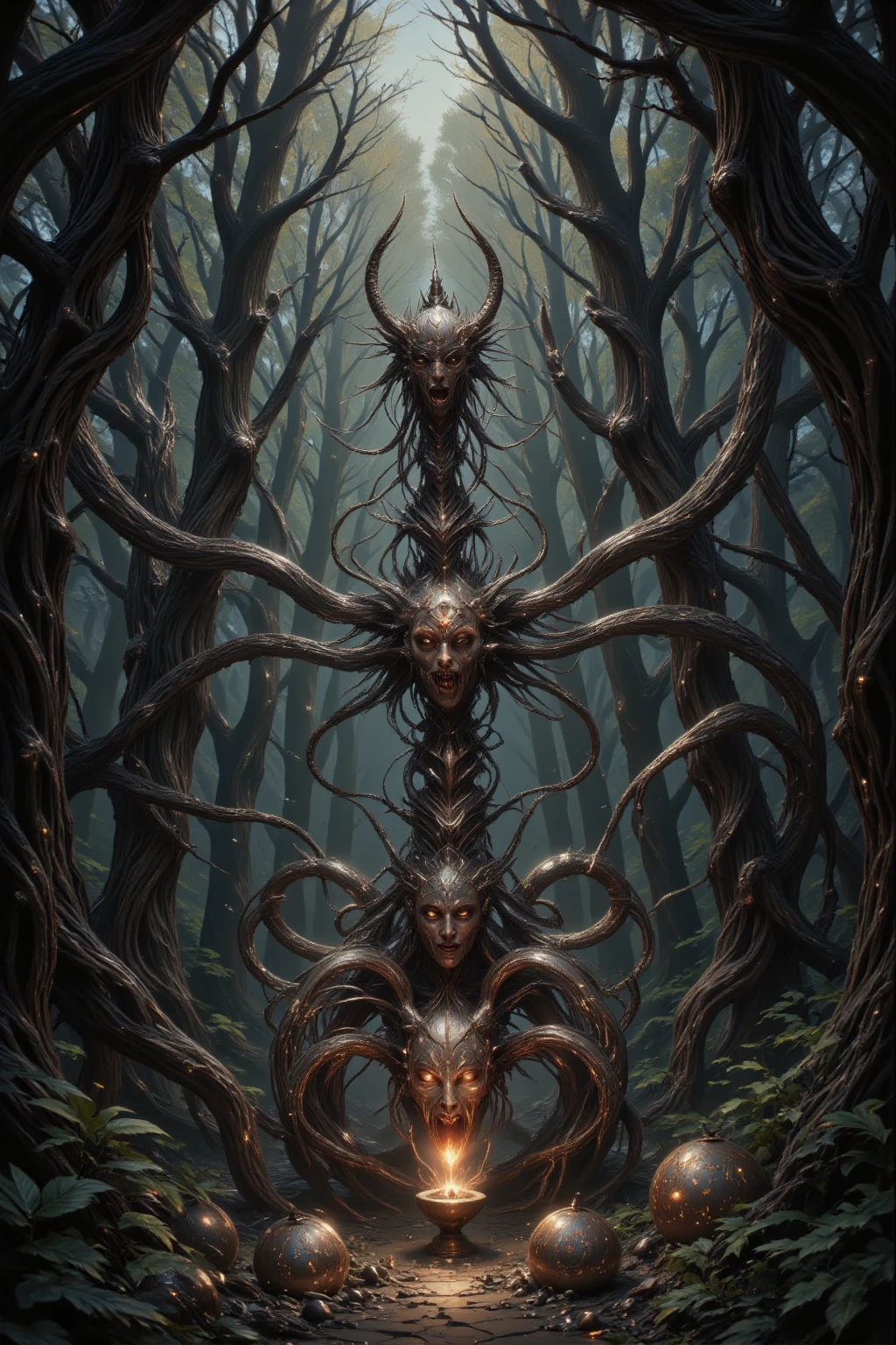 masterpiece:1.3, highres:1.3, Artistic works by H.R. Giger:1.3, There are many twisted trees growing around, Very dark forest, There's a miasma in the forest,In the middle of the forest, a statue of a demon with a tormented expression stands on a pedestal, Devil statue, Gargoyle, Scary colors, horror, Fear