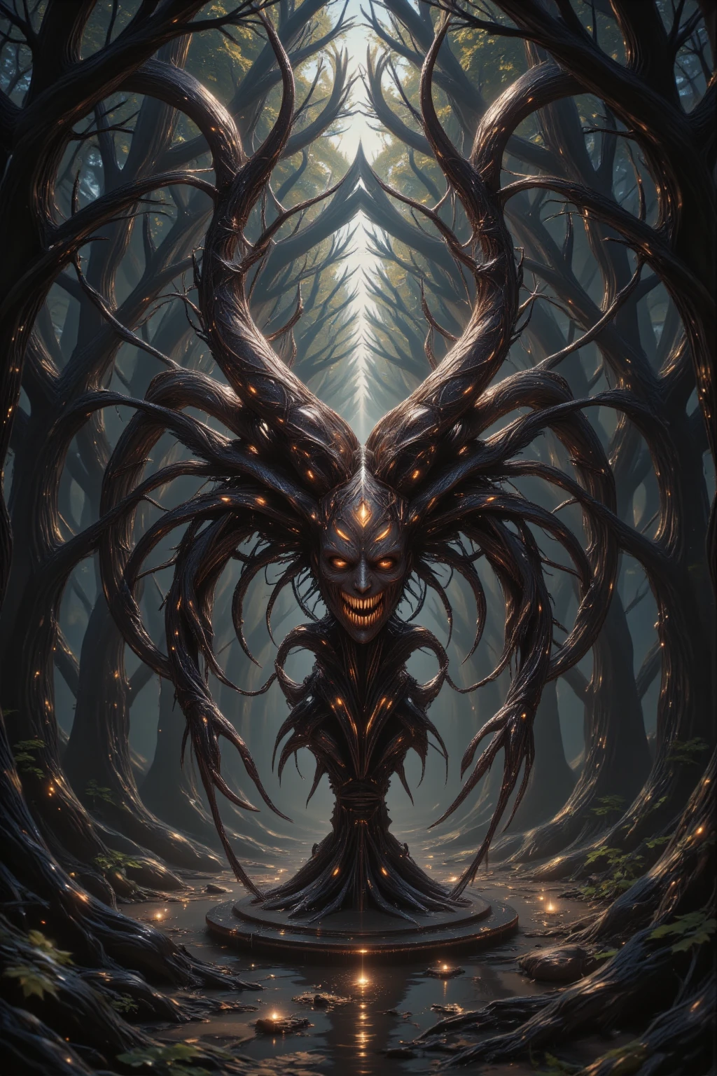 There are many twisted trees growing around, Very dark forest, There's a miasma in the forest, In the middle of the forest stands a statue of a demon with a look of anguish on its face, Scary colors, horror, Fear