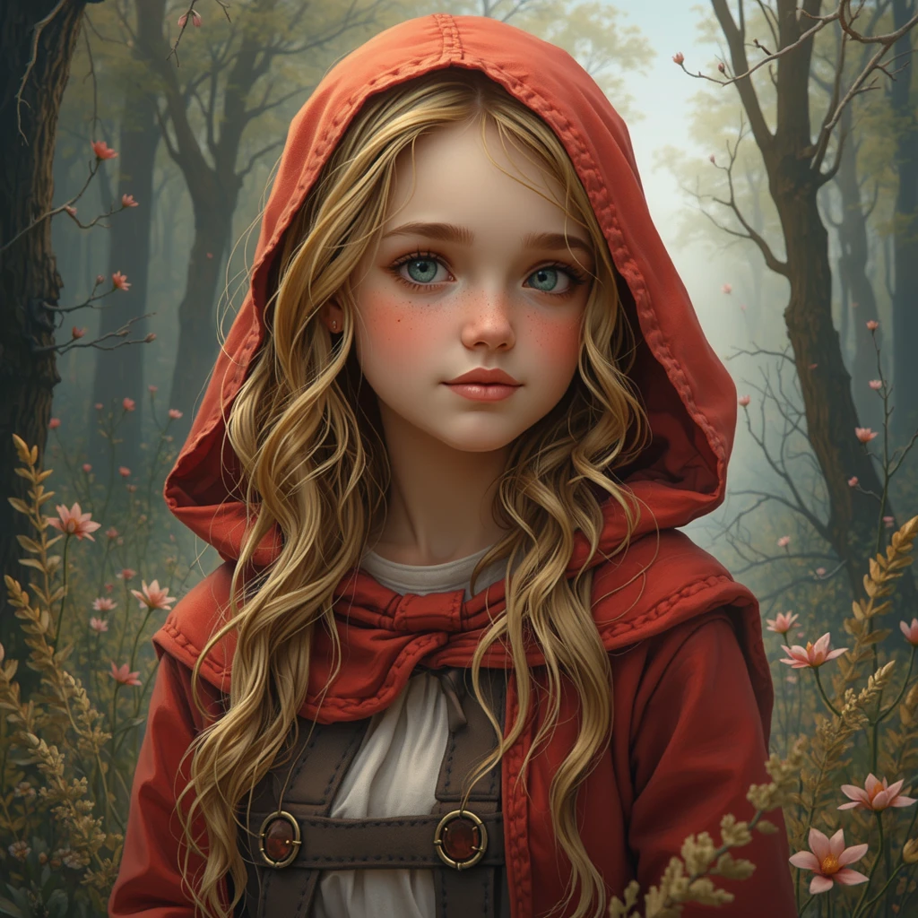 (( RAW photo), absurdo,  Blonde teen with Little Red Riding Hood  ( absurd resolution)),  masterpiece,  better quality (Fondo de pantalla CG de unidad 8k extremadamente detallado), ( best illustration ), (Better shadow),  realistic lighting ,  detailed and beautiful brightness , 