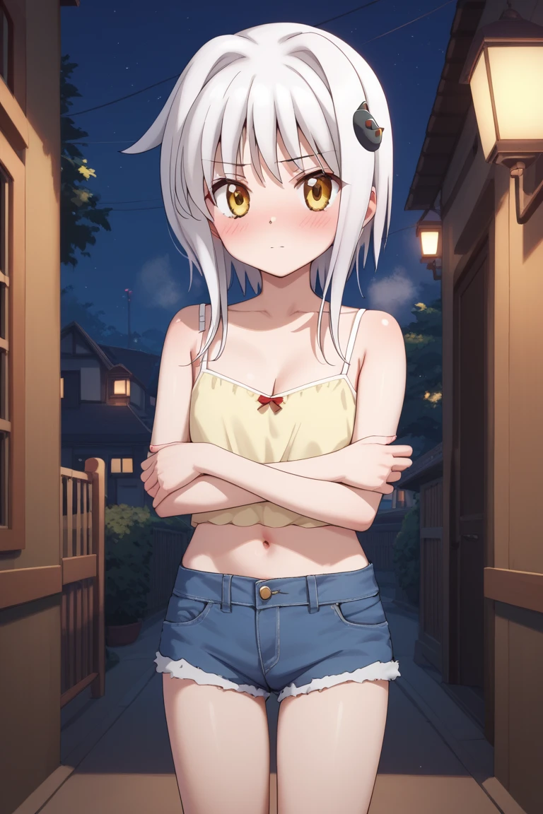 masterpiece,best quality,{{detailed beautiful face and eyes}}, 
Koneko Toujou,short hair,white hair,hair ornament,yellow eyes,flat chest,
white camisole, bare shoulders, cleavage, crop top, cutoffs, denim shorts, midriff, short shorts, spaghetti strap,
1girl,ars old, embarrassing,big blush,closed mouth,steam:1.0),
((standing,cowboy shot,looking at viewer,breast hold:1.2)),
(night city background:1.0),clothed