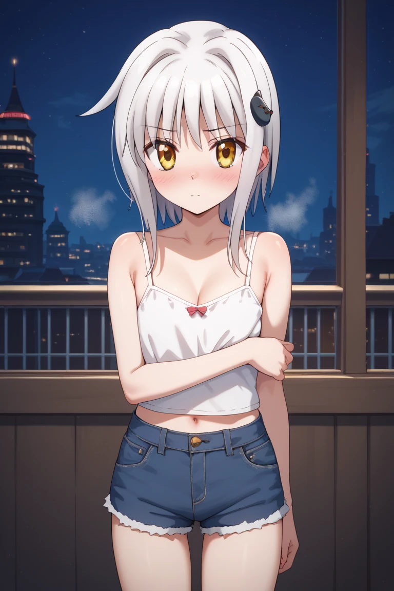 masterpiece,best quality,{{detailed beautiful face and eyes}}, 
Koneko Toujou,short hair,white hair,hair ornament,yellow eyes,flat chest,
white camisole, bare shoulders, cleavage, crop top, cutoffs, denim shorts, midriff, short shorts, spaghetti strap,
1girl,ars old, embarrassing,big blush,closed mouth,steam:1.0),
((standing,cowboy shot,looking at viewer,breast hold:1.2)),
(night city background:1.0),clothed