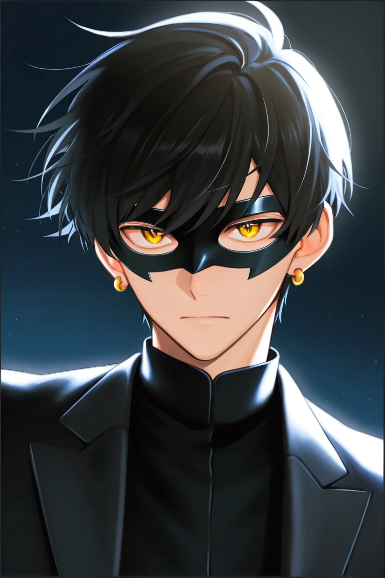 a guy anime character with a black domino mask, 1boy, solo, male focus, mask, black hair, earrings,yellow eyes, short hair