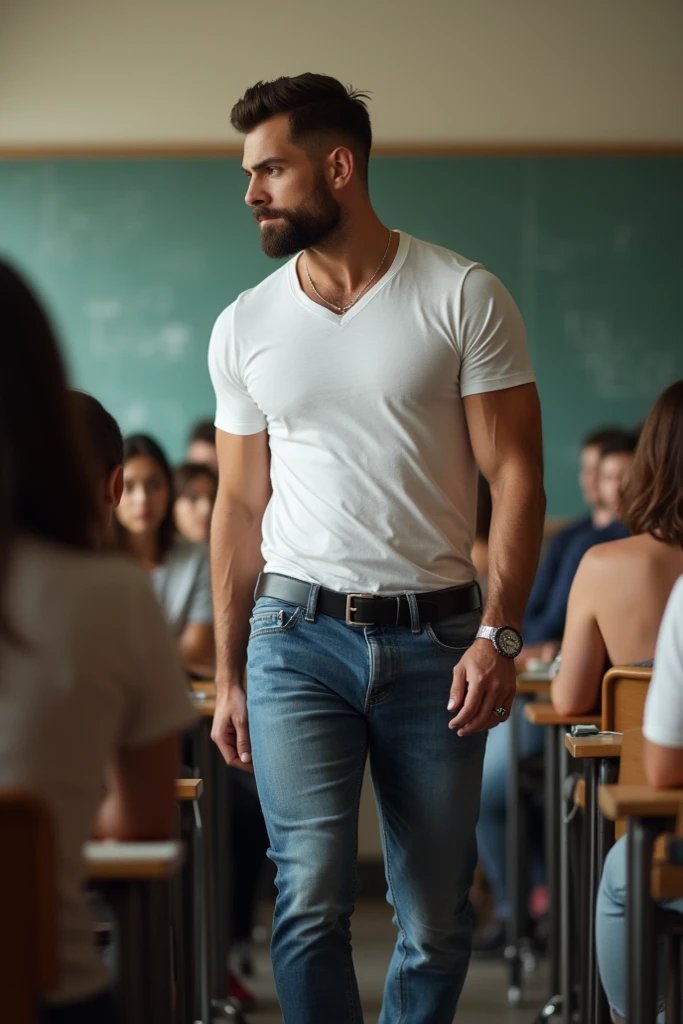 in roberto ferri art style, a 20 years old, teachs middle age people how to write, perfect anatomy, ambient light, country boy, divine proportions, masculine gaze, handsome, realisitic skinny detailed muscles, shirtless, barefoot, He teachs in a night school master piece, artstation trending