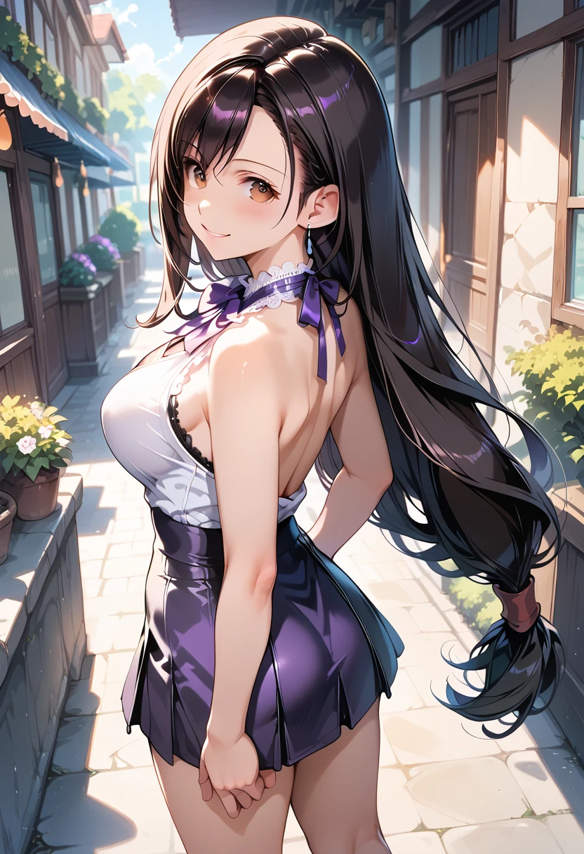 ((masterpiece, best quality, ultra detailed, high resolution, detailed facial description)), (1 woman, solo), (Tifa Lockhart), (purple halter dress:1.3, purple costume:1.3, lace-trimmed, backless, ribbon on neck, short skirt), (purple high heels), (black long hair:1.3), (beautiful and cute face:1.2, brown eyes), standing, hand on own hip, looking at viewer, (light smile, blush), (final fantasy's world view), (woman focus:1.2, upper body, from front)