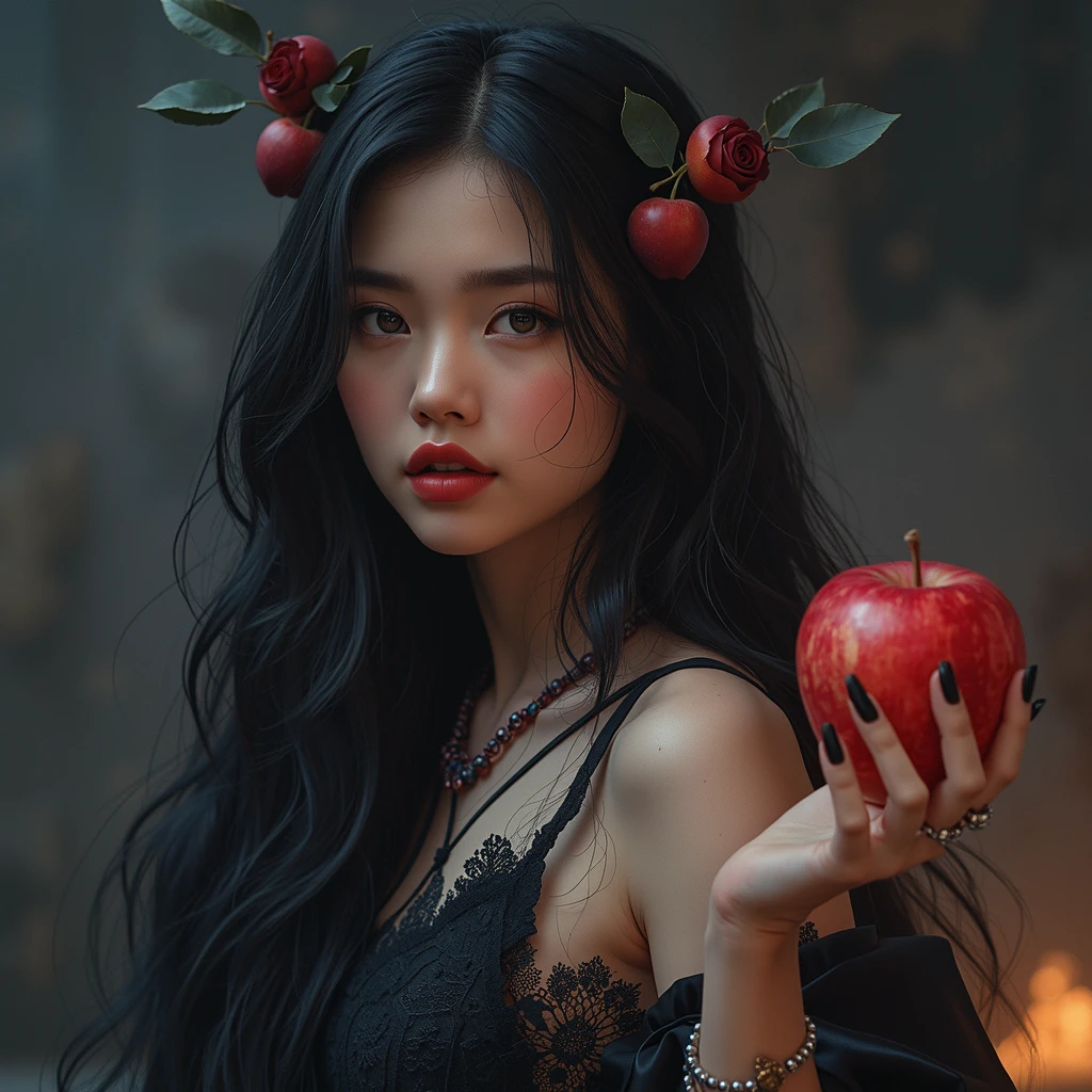 (( RAW photo), absurdo, ( absurd resolution)),  masterpiece,  better quality, (Fondo de pantalla CG de unidad 8k extremadamente detallado), ( best illustration ), (Better shadow),  realistic lighting ,  detailed and beautiful brightness , (( 21 years old)), chica,  long black hair , black queen,  accessories, manzana en la mano, poisoned apples, witch queen,  partially nude red lipstick , ((( Photographic perspective of her )))