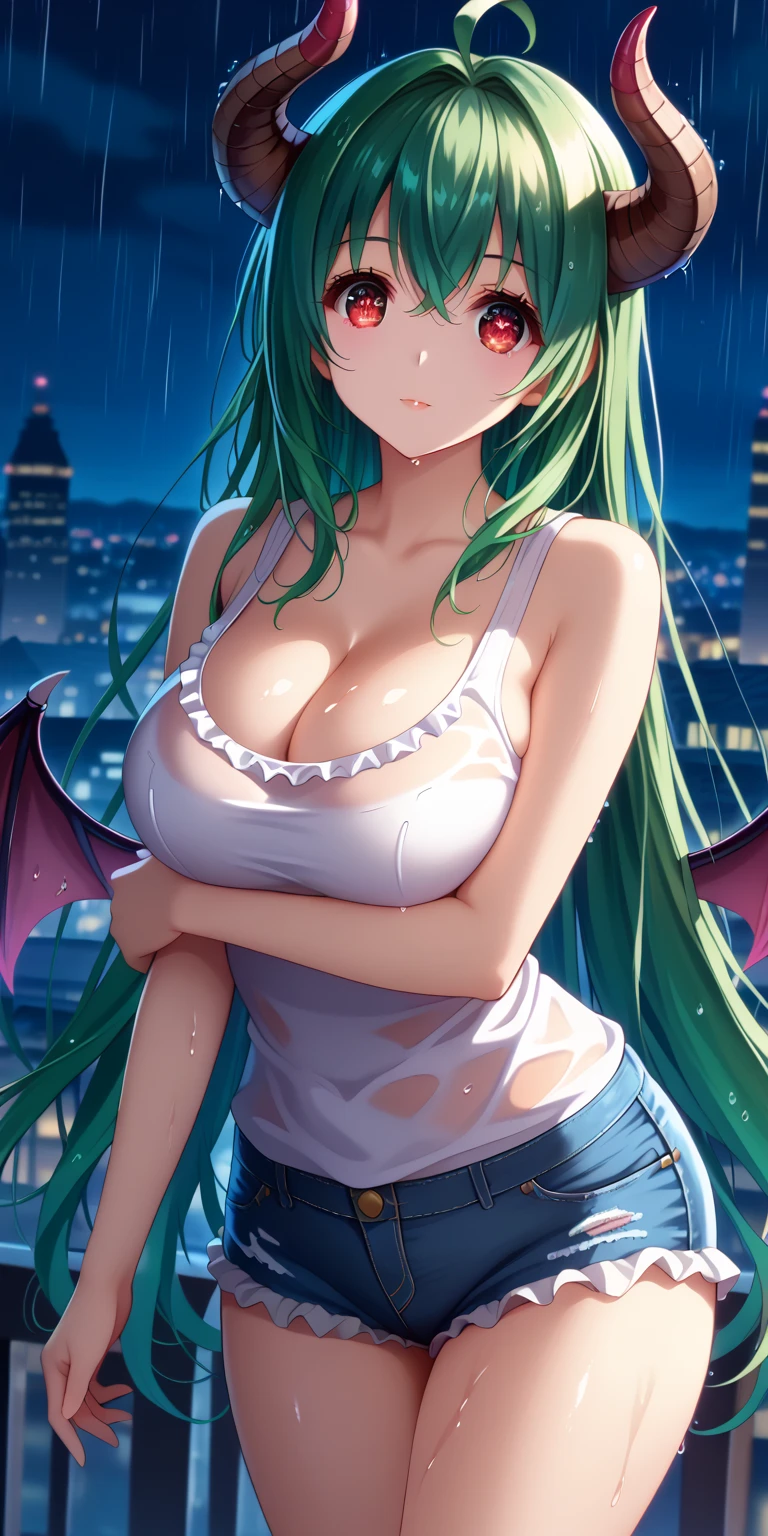 score_9,score_8_up,score_7_up, masterpiece, 1girl, solo, source_anime, scenery, (mature woman:1.3), (wide thighs), (wide hips), (detailed eyes), (high definition eyes), (high gradient eyes), (eyesHD), (best quality:1.4), a close up of a woman with colorful hair, anime girl with cosmic hair, rossdraws pastel vibrant, artwork in the style of guweiz, fantasy art style, colorful, vibrant fantasy style, cosmic and colorful, guweiz, colorfull digital fantasy art, stunning art style, beautiful anime style, shiny, shiny skin, (beautiful female), beautiful face, clear face, Shiny hair, (green hair:1.2), (very long hair), (red eyes:1.2), concept art, professional anime, (big eyes:1.2), (big breasts:0.8), sidelocks, ahoge, standing, side view, succubus, succubus horns, succubus wings, wings angel, night, city, rain, strong rain, ((wearing ruffled jean shorts)), ((cleavage)), wearing tight white tank top, wet top, sleeveless, 