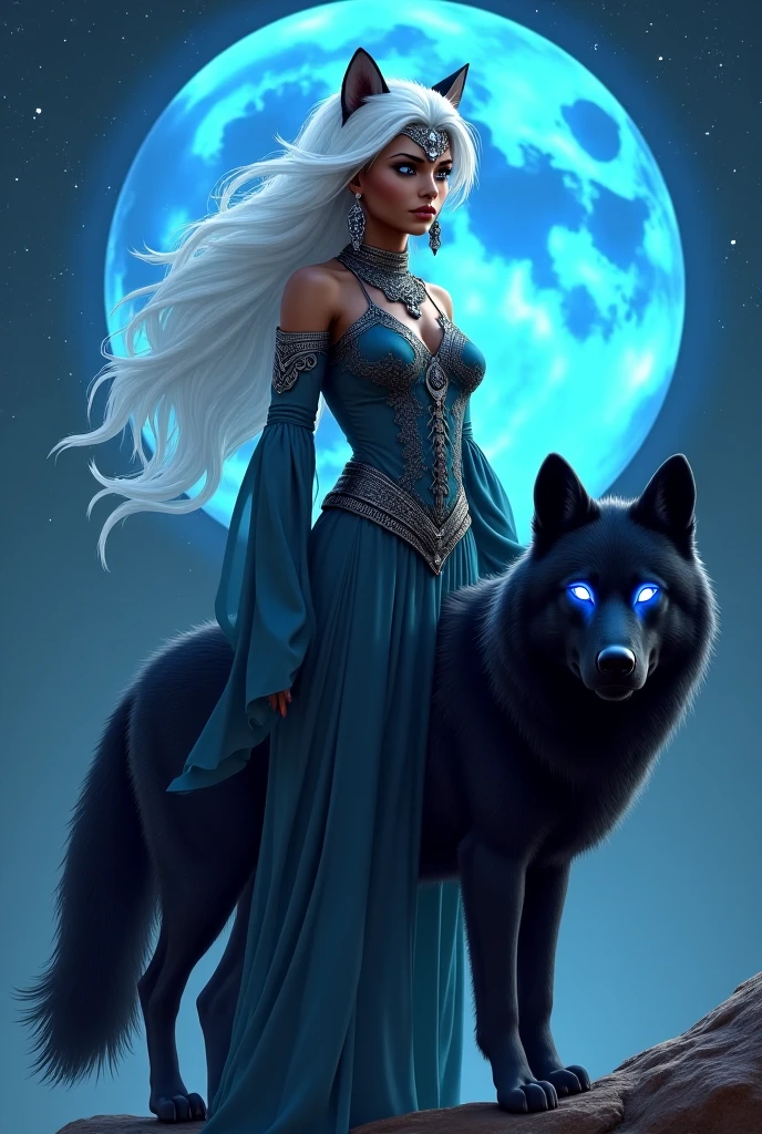 A brunette moon goddess with silver hair and a large black wolf in her embrace