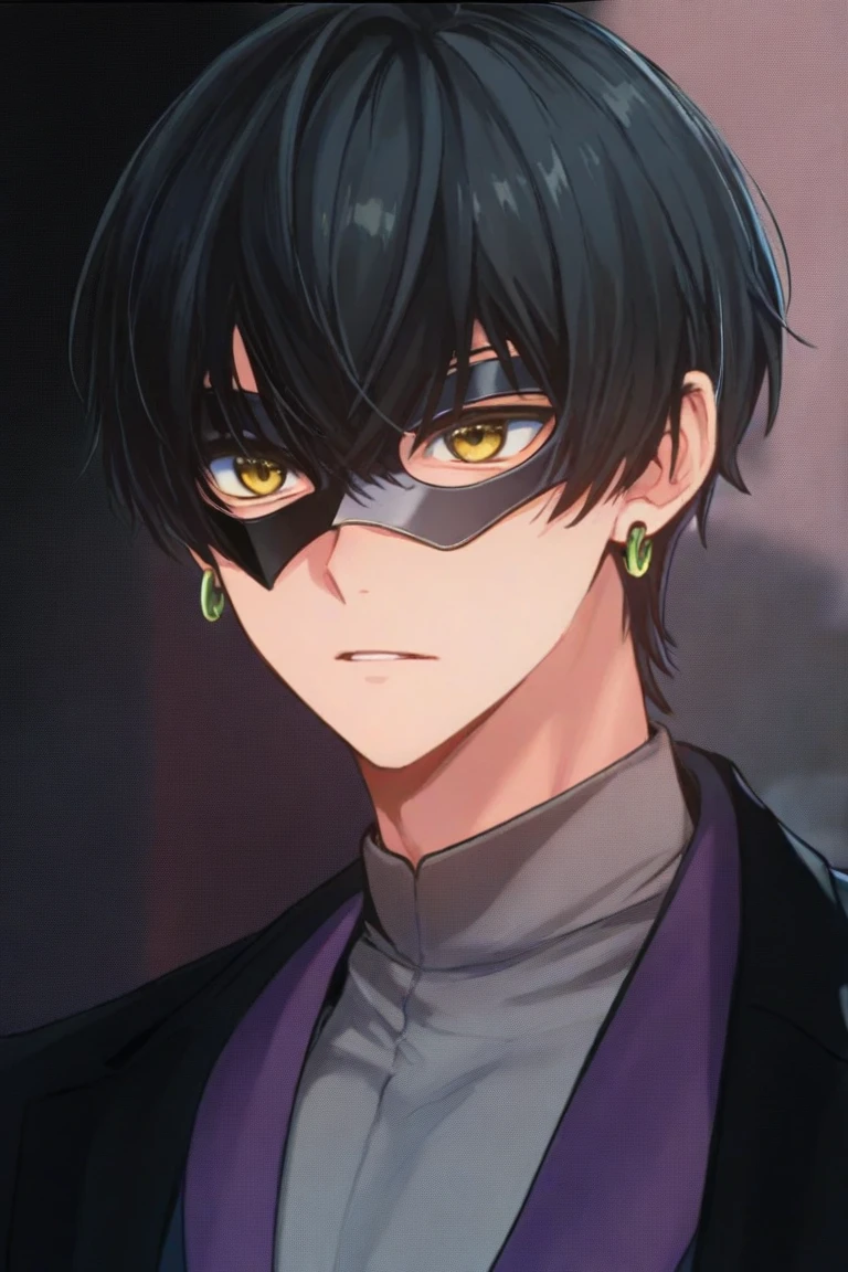 a guy anime character with a black domino mask, 1boy, solo, male focus, mask, black hair, earrings,yellow eyes, short hair