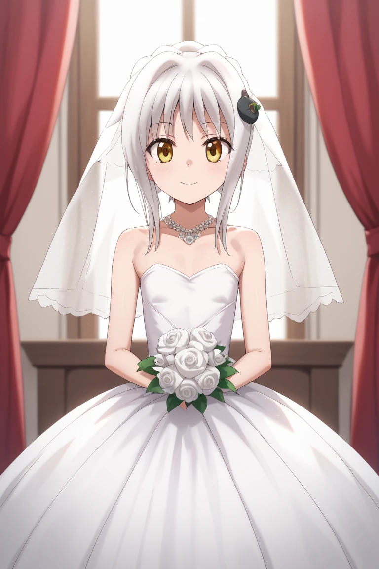 masterpiece,best quality,{{detailed beautiful face and eyes}}, 
Koneko Toujou,short hair,white hair,hair ornament,yellow eyes,flat chest,
1girl,****ars old,hairstyle: (wedding bun:1.2)
Outfit: (wedding dress,intricate dress, ball gown, bridal veil, bride, curtains, 
depth of field, dress, flower, hair flower, hair ornament, see-through,white flower, white rose:1.1),(face full of joy:1.3)