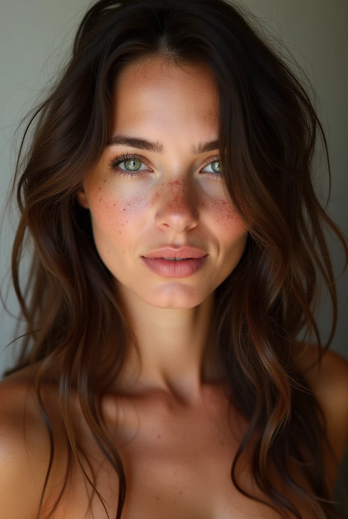 Beautiful lady, freckles, dark makeup, hyperdetailed photography, soft light, head and breast portrait, cover, , big breastes.In the mouth of the bonan,Sperm on the lips