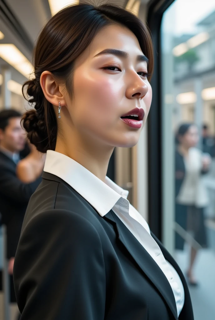 (( Peering through a closed train door  ))  beautiful brown-haired woman   , Commuter trains in Japan,Crowded car interior,   Woman in a business suit wearing a white shirt  、Wide Chest , (( Beautiful Actress Cum   )) ,   Sharp Focus with Eyes Closed  , (   8K ultra HD :0.8),   very detailed ,   RAW amateur photo   ,((  face close-up while changing clothes )),((Frowning, Stimulate, frown,  Mouth wide open ,Panting face,))Chest, neck,  And Sweaty Face   ,Coordinating Your Chest to SEXY ,   Beauty Actress Scandal  ,  standing by the window of a crowded train  、  A Woman Leaning on the Man Behind Her   ,   Lean Out   ,  There is a man hugging a beautiful girl 。 That Girl Looks Like the Heroine of an Idol Anime  ,  sex,seat,((  My chest is sweaty 、Décolletage  ,  Sweaty skin, sweated,  Shiny Skin)),((  Wet Filter)) Climax face reaches butt ,   Her chest stretched out and got sweaty  ,  standing by the window of a crowded train  , 