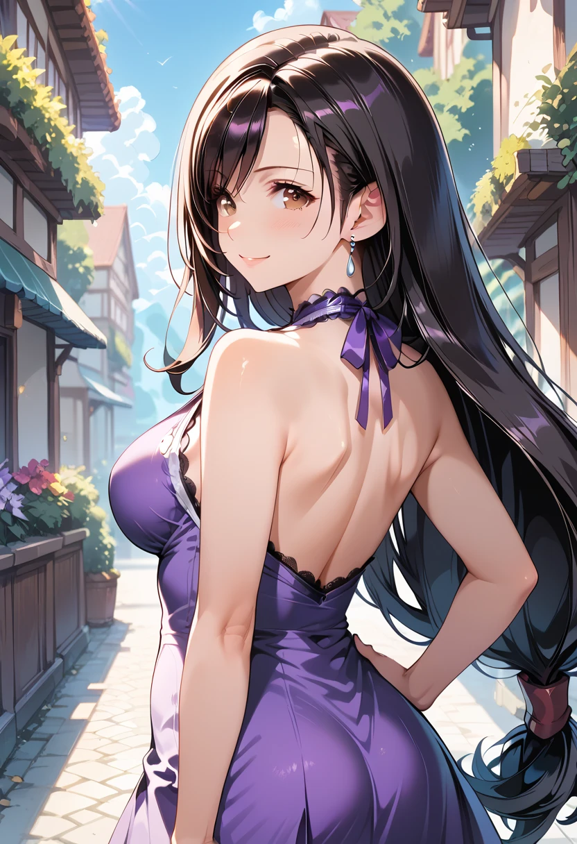 ((masterpiece, best quality, ultra detailed, high resolution, detailed facial description)), (1 woman, solo), (Tifa Lockhart), (purple halter dress:1.3, purple costume:1.3, lace-trimmed, backless, ribbon on neck, short skirt), (purple high heels), (black long hair:1.3), (beautiful and cute face:1.2, brown eyes), standing, hand on own hip, looking at viewer, (light smile, blush), (final fantasy's world view), (woman focus:1.2, upper body, from front)