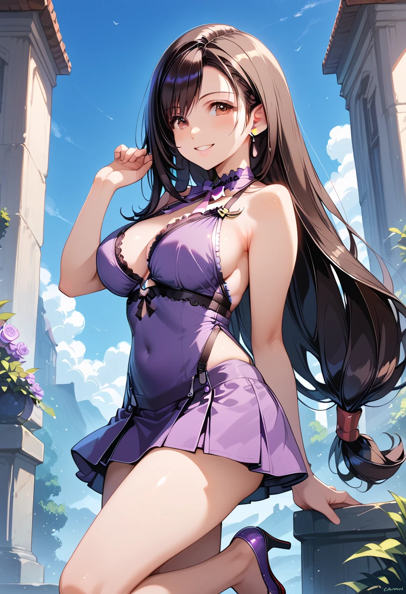 ((masterpiece, best quality, ultra detailed, high resolution, detailed facial description)), (1 woman, solo), (Tifa Lockhart), (purple halter dress:1.3, purple costume:1.3, lace-trimmed, backless, ribbon on neck, short skirt), (purple high heels), (black long hair:1.3), (beautiful and cute face:1.2, brown eyes), standing, hand on own hip, looking at viewer, (light smile, blush), (final fantasy's world view), (woman focus:1.2, upper body, from front)