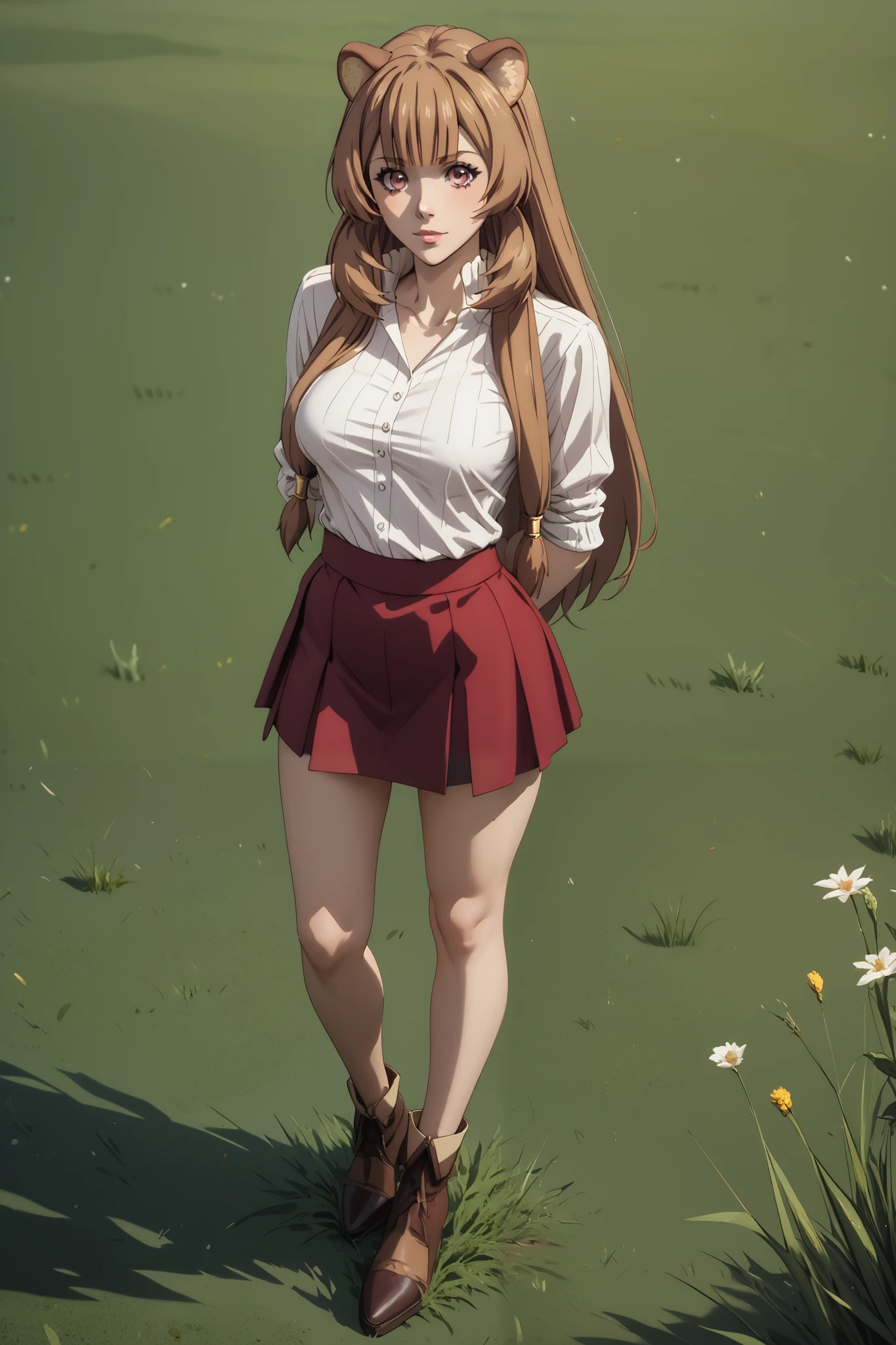 Masterpiece, extremely detailed,4k,solo, 1girl, raphtalia, long hair,full body ,perfect slim body ,long legs,arms behind back,perfect slim body, very large breasts, ((kawai face)),Klimaks ekspression,(thin lips),white tshirt, mini skirt, cowboy shoot,((grass)), Front look, looking at viewers
