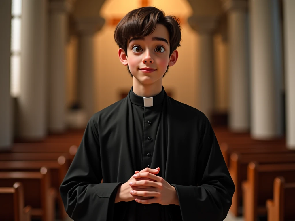 A 10-year-old boy with light brown hair, white skin, blue eyes, fine European features, a sad melancholic look., inside a Roman Catholic temple praying the rosary with their little hands together with five fingers on each hand