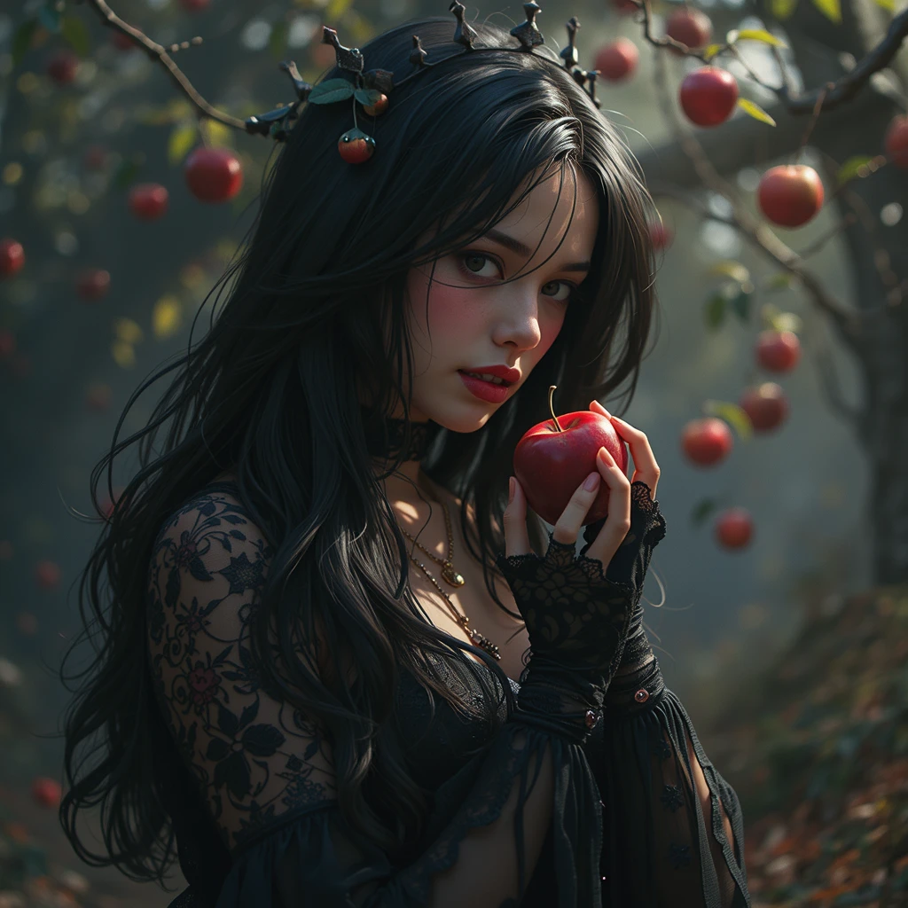 (( RAW photo), absurdo, ( absurd resolution)),  masterpiece,  better quality, (Fondo de pantalla CG de unidad 8k extremadamente detallado), ( best illustration ), (Better shadow),  realistic lighting ,  detailed and beautiful brightness , (( 21 years old)), chica,  long black hair , black queen,  accessories, manzana en la mano, poisoned apples, witch queen,  partially nude red lipstick , ((( Photographic perspective of her )))