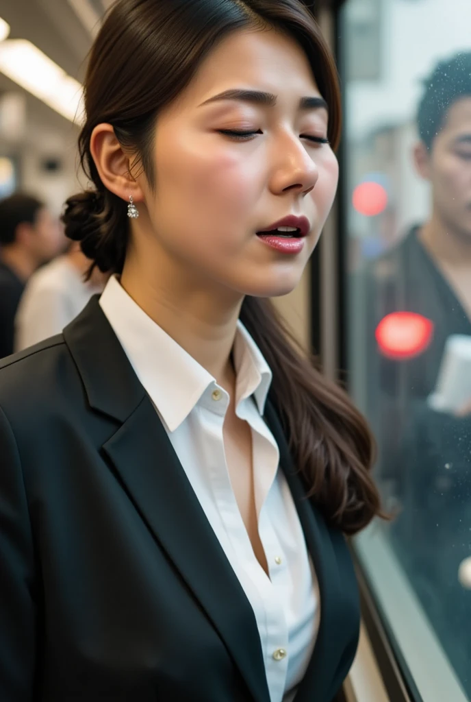 (( Peering through a closed train door  ))  beautiful brown-haired woman   , Commuter trains in Japan,Crowded car interior,   Woman in a business suit wearing a white shirt  、Wide Chest , (( Beautiful Actress Cum   )) ,   Sharp Focus with Eyes Closed  , (   8K ultra HD :0.8),   very detailed ,   RAW amateur photo   ,((  face close-up while changing clothes )),((Frowning, Stimulate, frown,  Mouth wide open ,Panting face,))Chest, neck,  And Sweaty Face   ,Coordinating Your Chest to SEXY ,   Beauty Actress Scandal  ,  standing by the window of a crowded train  、  A Woman Leaning on the Man Behind Her   ,   Lean Out   ,  There is a man hugging a beautiful girl 。 That Girl Looks Like the Heroine of an Idol Anime  ,  sex,seat,((  My chest is sweaty 、Décolletage  ,  Sweaty skin, sweated,  Shiny Skin)),((  Wet Filter)) Climax face reaches butt ,   Her chest stretched out and got sweaty  ,  standing by the window of a crowded train  , 