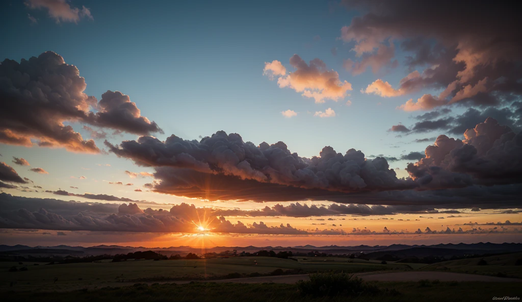 landscape with sunset, colorful clouds, hyper-realistic, 35mm photographic quality, Corregos e Montanhas, close