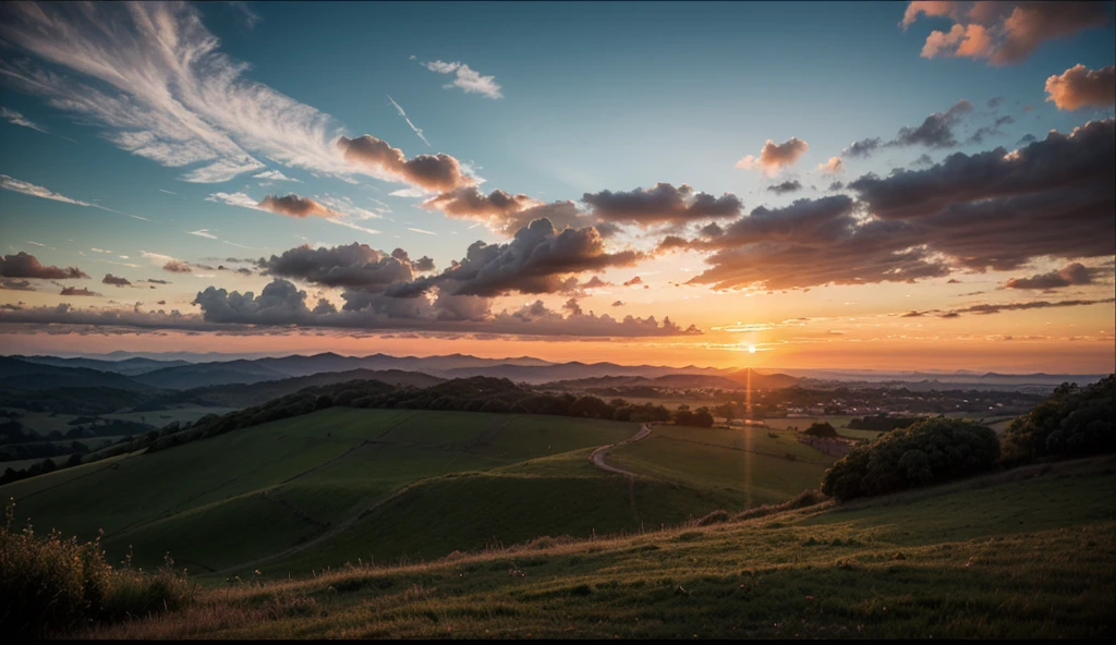 landscape with sunset, colorful clouds, hyper-realistic, 35mm photographic quality, Corregos e Montanhas, close