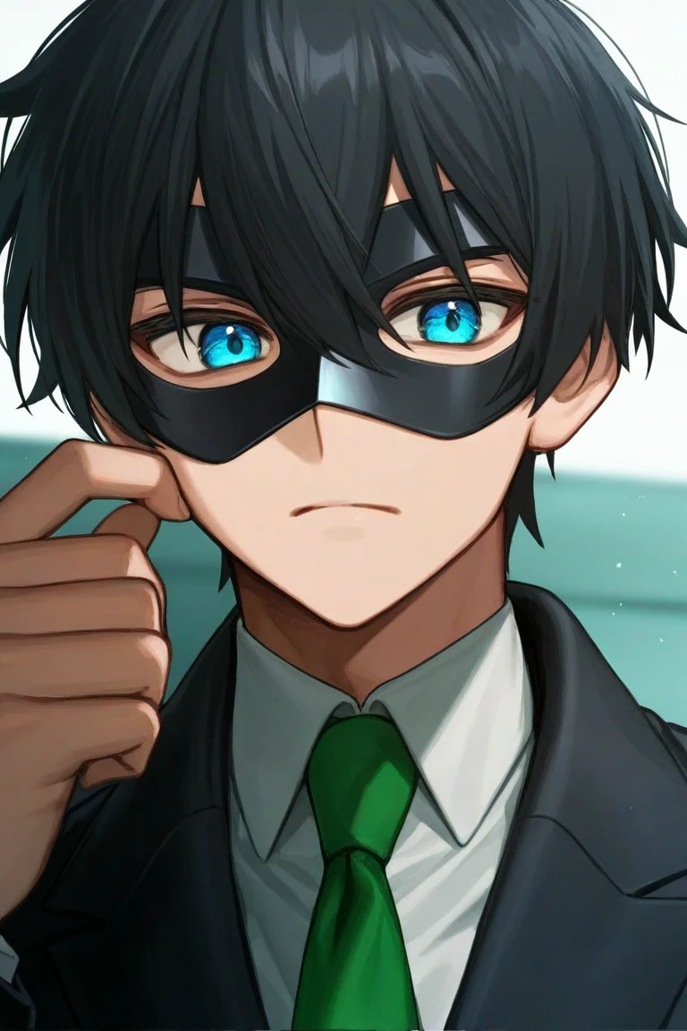 anime character in a black jacket and white shirt with a green tie, male anime character, young anime man, tall anime guy with blue eyes, he wears black domino mask, it has a piercing gaze, anime handsome man, high detailed face anime, trigger anime artstyle, 8 k character details, with glowing yellow eyes,solo